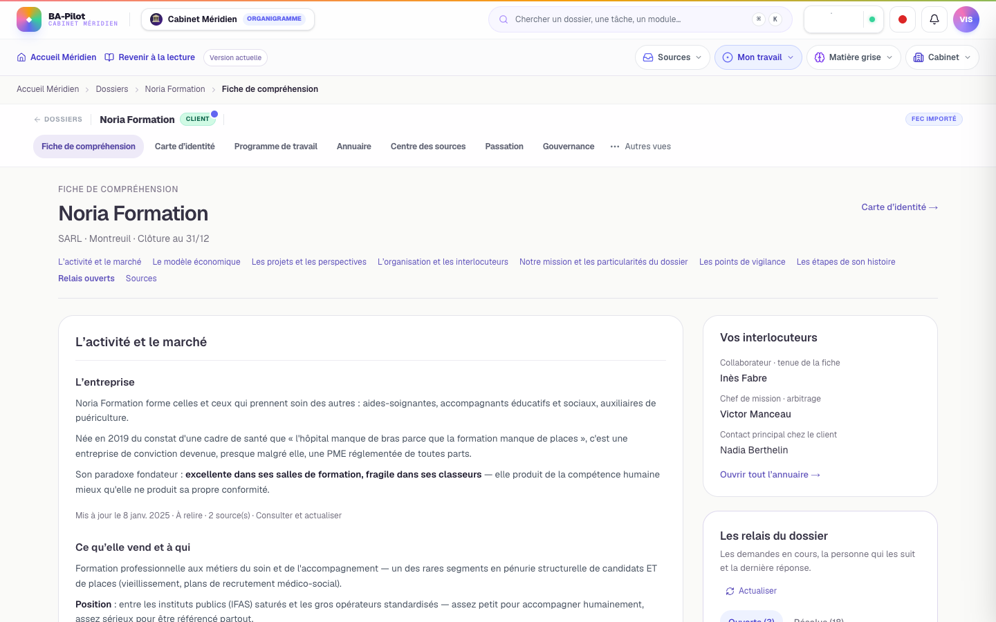La fiche de compréhension de Noria : l’activité et le marché, les interlocuteurs et les relais du dossier. Capture d’écran, données fictives de Méridien.