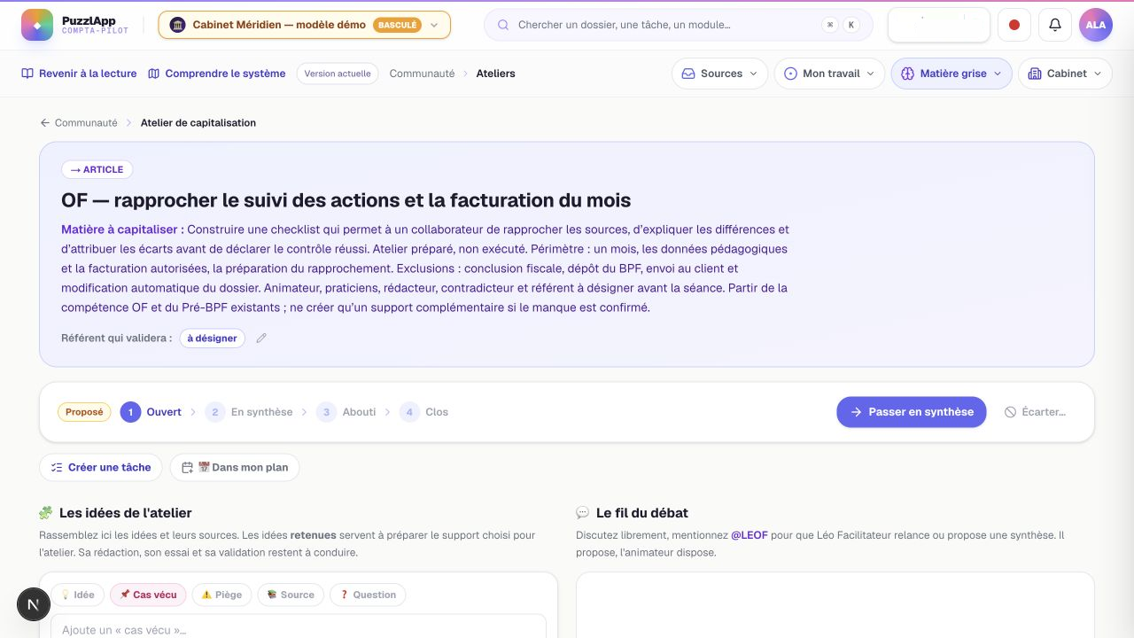 Figure A3-4 – L’atelier précise l’objet du travail, son périmètre, ses exclusions et les rôles à désigner. Capture d’écran, données fictives de Méridien.