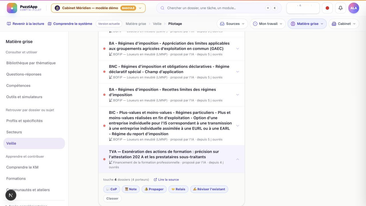 Figure A3-5 – Le signal offre plusieurs suites, dont la révision d’une ressource existante. Capture d’écran, données fictives de Méridien.