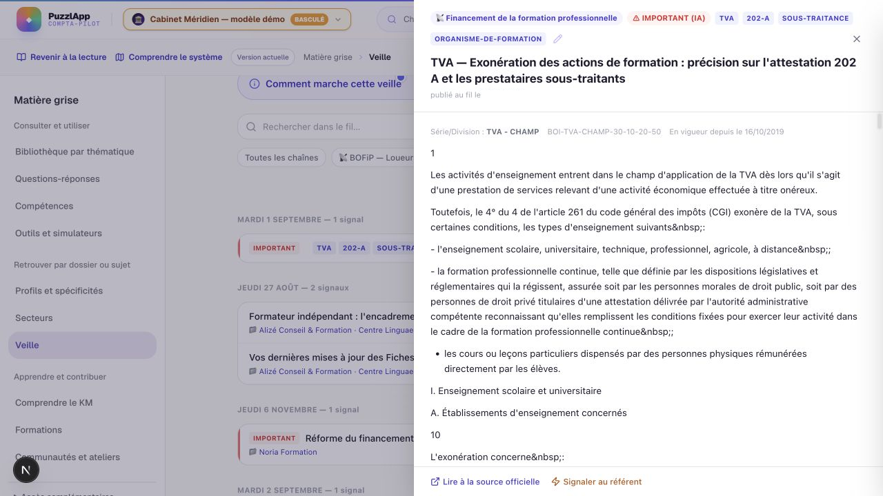 Le signal OF porte une date de publication dans le fil et une date propre au texte de référence. Capture de l’application locale ; signal du jeu fictif Méridien.