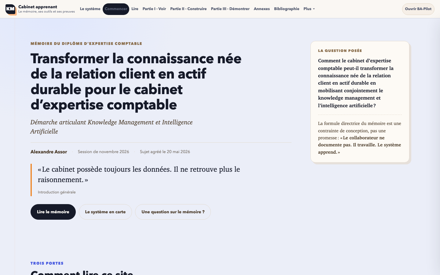 L’accueil du mémoire en ligne, ba-pilot.fr/memoire : le titre, la question posée, les deux premières entrées et le bouton de l’assistant de lecture. Capture d’écran.